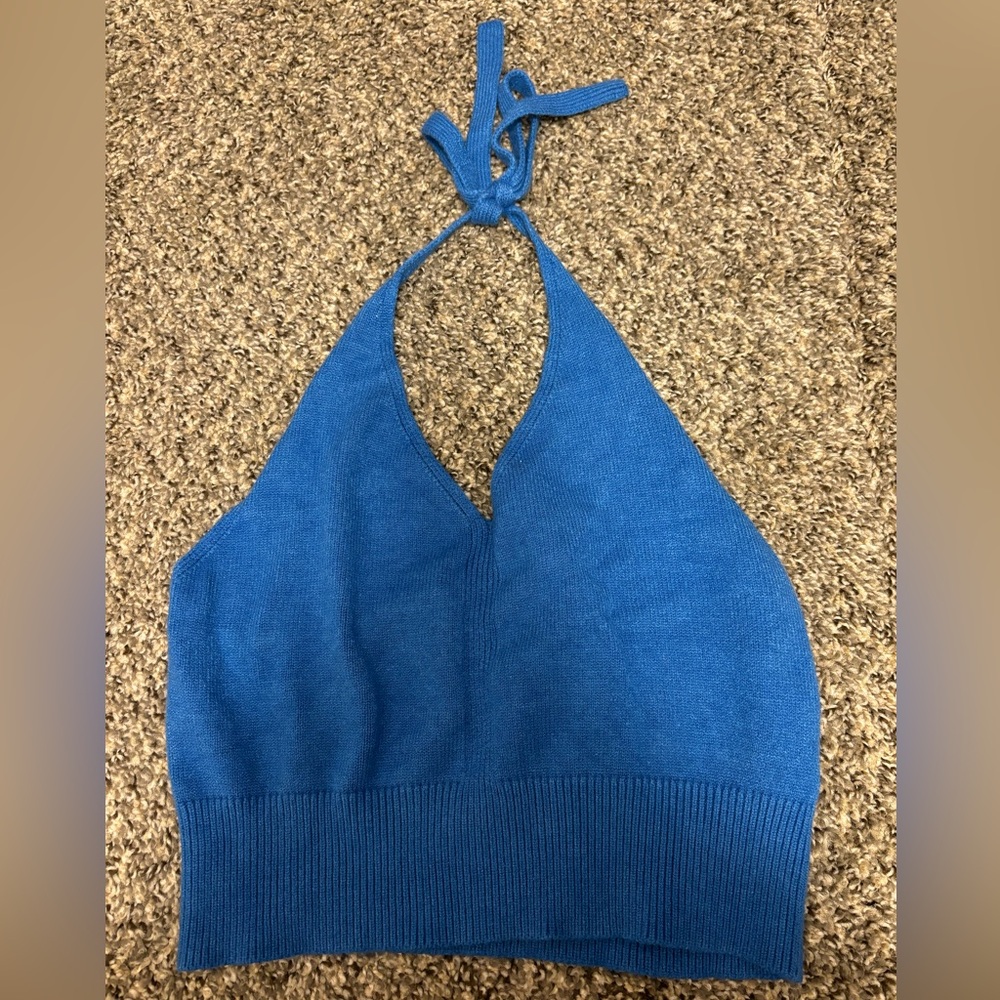 Blue knit tie halter top